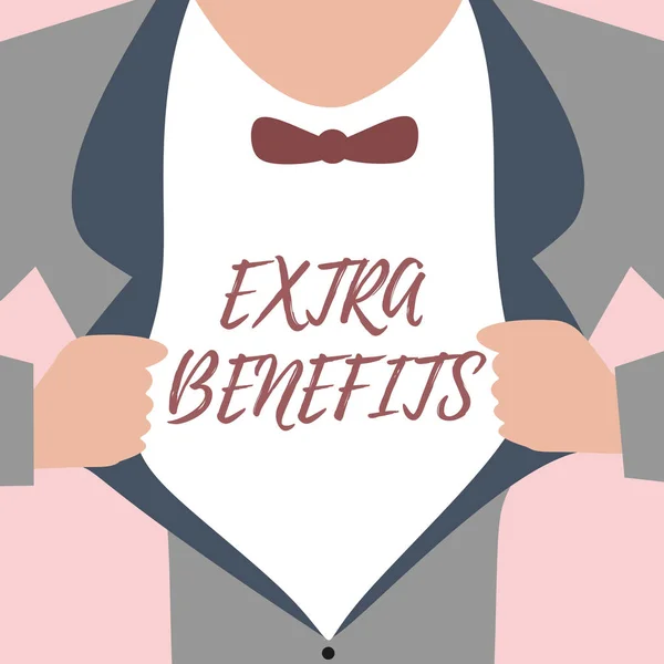 Text sign showing Extra Benefits. Conceptual photo Additional compensation Bonus Subsidies Incentives Allowances — Stock Photo, Image