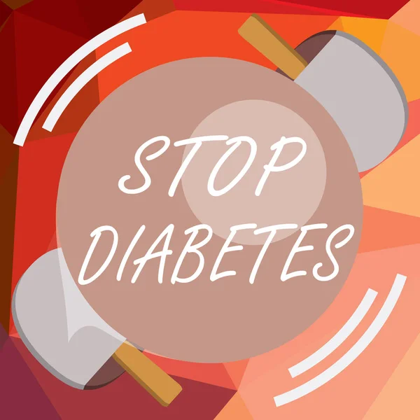 写便条，说明停止糖尿病。商业照片显示血糖水平高于正常注射胰岛素 — 图库照片