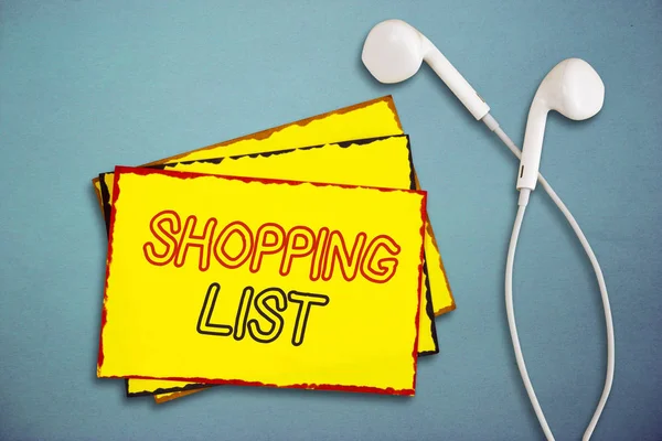 Ordskrivande text Shopping List. Affärsidé för Disciplinmetoden för shopping Basvaror att köpa — Stockfoto