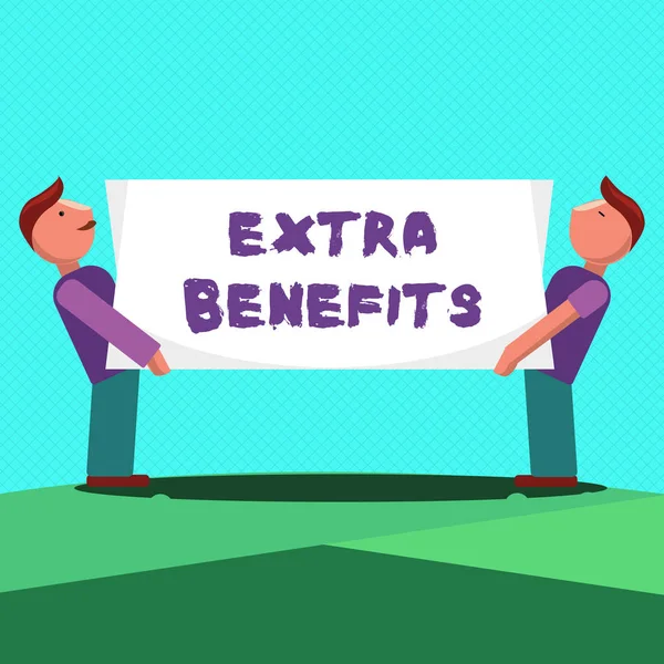 Text sign showing Extra Benefits. Conceptual photo Additional compensation Bonus Subsidies Incentives Allowances — Stock Photo, Image