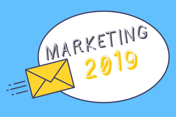 Texto de escritura a mano Marketing 2019. Concepto significado Tendencias comerciales para 2019 Evento promocional de Año Nuevo — Foto de Stock