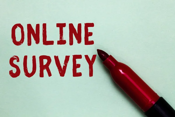 Handwriting text Online Survey. Concept meaning Reappraisal Feedback Poll Satisfaction Rate Testimony Open red marker intention communicating message ideas green background. — Stock Photo, Image