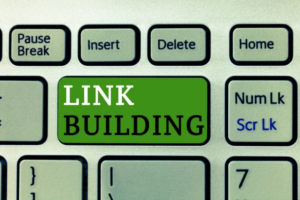 Textverarbeitung Link Building. Geschäftskonzept für SEO Term Exchange Links Hyperlinks indiziert erwerben — Stockfoto