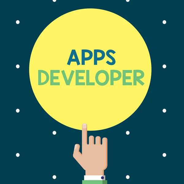 Εγγραφή σημείωμα που δείχνει Apps Developer. Επιχειρηματική φωτογραφία που παρουσιάζει Graphic καλλιτέχνης προγραμματιστής λογισμικού και αναλυτές εμπειρογνώμονες — Φωτογραφία Αρχείου