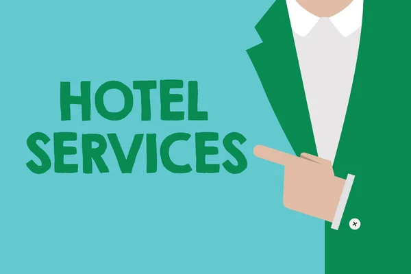 ホテルサービスを示す概念的な手書き。宿泊施設と宿泊施設の設備を紹介するビジネス写真 — ストック写真