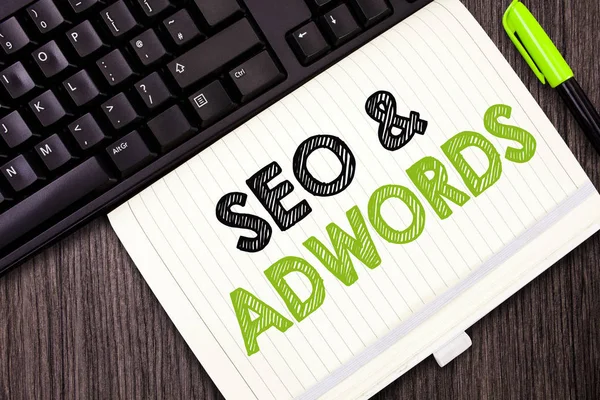 Text sign showing Seo and Adwords. Conceptual photo Pay per click Digital marketing Google Adsense — Stock Photo, Image