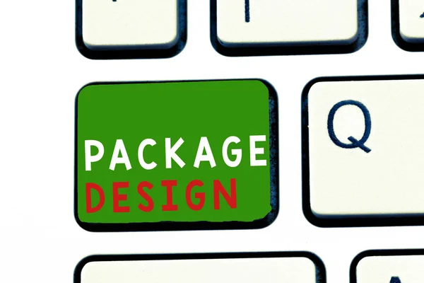 Text sign showing Package Design. Conceptual photo Strategy in creating unique product wrapping or container — Stock Photo, Image