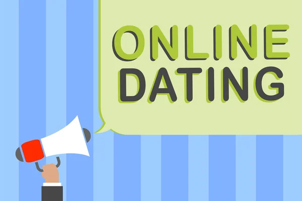 Writing note showing Online Dating. Business photo showcasing Searching Matching Relationships eDating Video Chatting Man holding megaphone loudspeaker speech bubble message speaking loud. — Stock Photo, Image