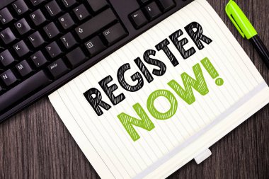 Register Now gösterilen metin işareti. Kavramsal fotoğraf adına bir resmi liste bir üye olmak için listeleme