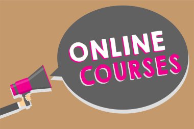 Metin Online Kurslar yazma kelime. Örgün eğitim devrim için iş kavramı internet üzerinden öğrenme megafon hoparlör konuşma balonu mesajı yüksek sesle konuşan tutan adam.