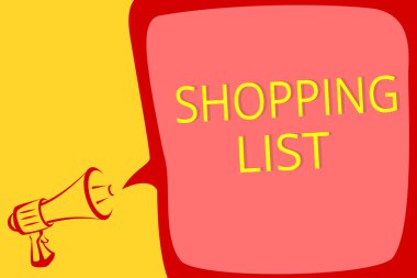 Alışveriş listesinde gösterilen Not yazma. Disiplin yaklaşımı temel öğeleri yüksek sesle konuşan satın megafon hoparlör konuşma balonu önemli mesaj için alışveriş için vitrine iş fotoğraf.