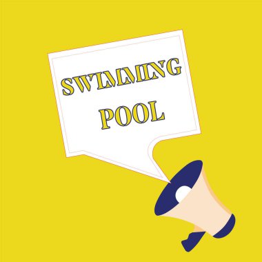 Metin işareti yüzme havuzunu gösteriyor. Boş zaman aktiviteleri için su tutmak üzere tasarlanmış kavramsal fotoğraf yapısı