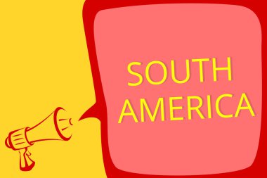 Güney Amerika gösteren Not yazma. Batı Yarımküre yüksek sesle konuşan karnavallar megafon hoparlör konuşma balonu için önemli mesaj bilinen Latinler kıtada vitrine iş fotoğraf.
