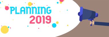 Planlama 2019 gösterilen metin işareti. Kavramsal fotoğraf başlar son ile zihin konumlandırma uzun vadede hedefleri adam konuşma renkli konuşma balonu çığlık megafon hoparlör holding.