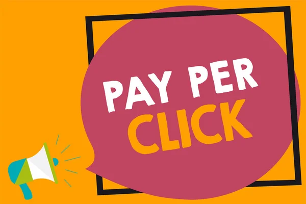 Texto de escritura de palabras Pay Per Click. Concepto de negocio para Internet Modelo de publicidad Estrategia de marketing del motor de búsqueda Altavoz megáfono gritando burbuja de voz de marco de fondo naranja . — Foto de Stock