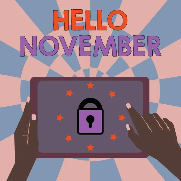 Textschild mit Hallo November. Willkommen im elften Monat des Jahres Monat vor Dezember — Stockfoto