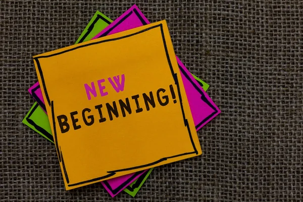 Text sign showing New Beginning. Conceptual photo Different Career or endeavor Starting again Startup Renew Paper notes Important reminders Communicate ideas messages Jute background. — Stock Photo, Image