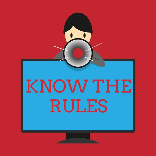 Escrevendo uma nota mostrando Know The Rules. Apresentação de fotos de negócios Aprenda o princípio ou as instruções aceitas para seguir — Fotografia de Stock