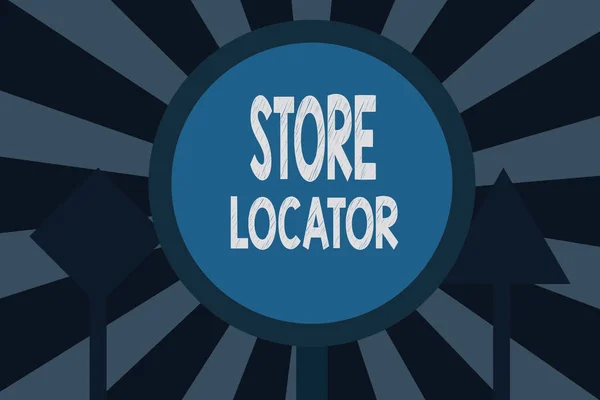 Znak tekstowy pokazujący lokalizator sklepu. Koncepcyjne zdjęcie, aby poznać numer kontaktowy adresu i godziny pracy — Zdjęcie stockowe