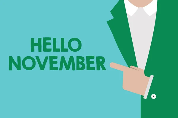 Escrita de mão conceitual mostrando Olá novembro. Foto de negócios mostrando Bem-vindo ao décimo primeiro mês do ano Mês antes de dezembro — Fotografia de Stock