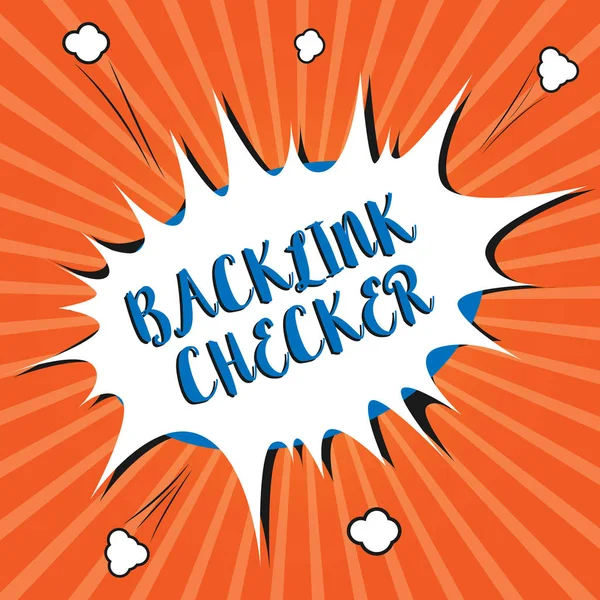 Escritura manual conceptual que muestra Backlink Checker. Exhibición de fotos de negocios Encuentre a sus competidores más valiosos y patrones de puntos — Foto de Stock