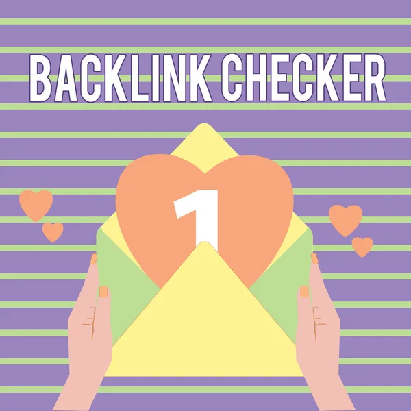Scrittura a mano concettuale che mostra Backlink Checker. Vetrina fotografica aziendale Trova i tuoi concorrenti più preziosi e modelli spot — Foto Stock