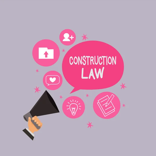 Słowo pisanie tekstu Prawo budowlane. Koncepcja biznesowa dotycząca zagadnień związanych z budownictwem i pokrewnymi dziedzinami — Zdjęcie stockowe