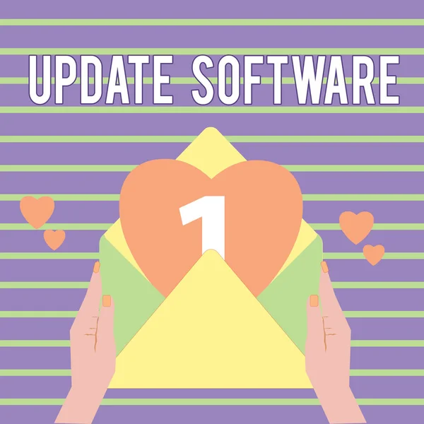 アップデートソフトウェアを示す概念的な手書き文字。新しいバージョンの同じ製品と交換プログラムを紹介するビジネス写真 — ストック写真