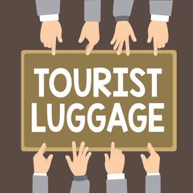 Turist Bagajı 'nı gösteren bir mesaj. Seyahat için gereken her şeyi içeren kavramsal fotoğraf büyük çanta.