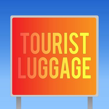 Turist Bagajı 'nı gösteren bir not yazıyorum. Seyahat için gereken her şeyi içeren büyük bir çanta.