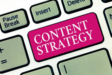 İçerik Stratejisini gösteren metin işareti. Kavramsal fotoğraf iyi fotoğraflar ve kelimeler kullanarak pazarlama planı oluşturur