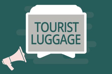 Turist Bagajı 'nı gösteren bir mesaj. Seyahat için gereken her şeyi içeren kavramsal fotoğraf büyük çanta.