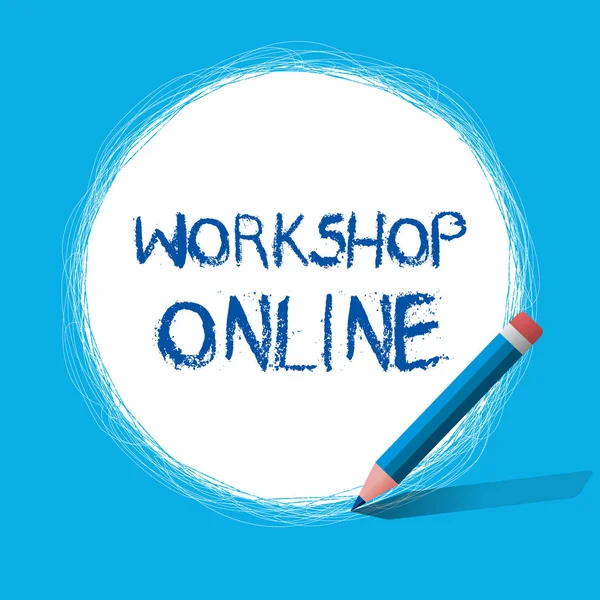 Υπογραφή κειμένου που δείχνει το Workshop Online. Εννοιολογική αίθουσα φωτογραφιών ή κτίριο στο οποίο κατασκευάζονται τα αγαθά επισκευάζονται — Φωτογραφία Αρχείου