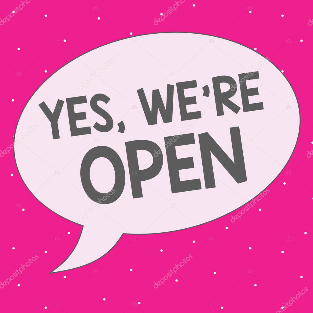 Handwriting text writing Yes, We re are Open. Concept meaning answering on client that shop is available at this time