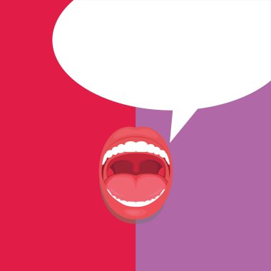 Düz tasarım vektör çizim boş esp şablon kopya alanı metin reklam, promosyon, poster, afiş, web reklam, makale açık ağız ifade sürpriz ağzı açık kırmızı dudakları diş boş konuşma balonu için