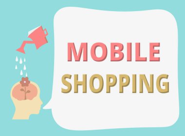 Mobil Alışveriş 'i gösteren bir not yazıyorum. Ticari fotoğraf sergisi mal ve hizmetlerin cep telefonuyla alınıp satılması