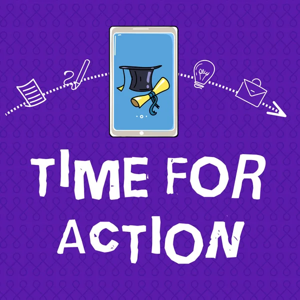 Escrevendo nota mostrando Time For Action. Foto de negócios mostrando se preparando para começar a fazer encorajamento Vá rápido — Fotografia de Stock