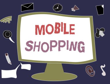 Mobil Alışveriş 'i gösteren bir not yazıyorum. Ticari fotoğraf sergisi mal ve hizmetlerin cep telefonuyla alınıp satılması