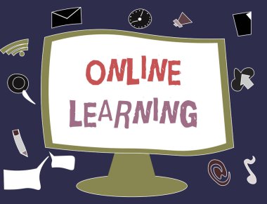 Online Learning 'i gösteren bir not yazıyorum. Larning 'in internet ve bilgisayarın yardımıyla çekilmiş bir iş fotoğrafı.