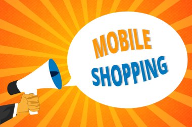 El yazısı cep telefonu alışverişi. Konsept, mal ve hizmetlerin cep telefonuyla alınıp satılması anlamına gelir