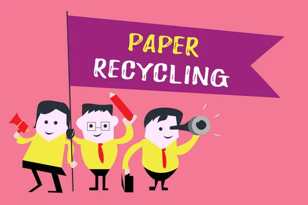 Notatka opisująca recykling papieru. Prezentacja zdjęć biznesowych Korzystanie z makulatury w nowy sposób poprzez ich recykling — Zdjęcie stockowe