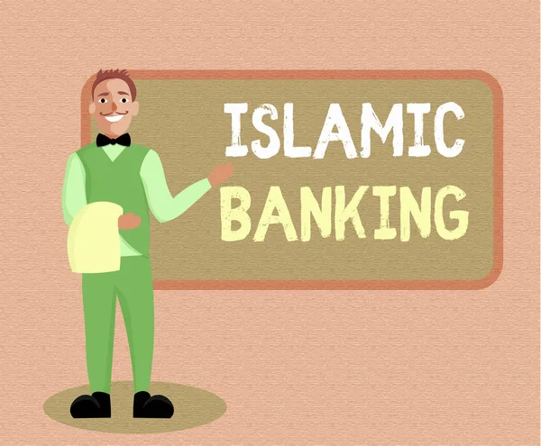 Escribiendo una nota que muestra la Banca Islámica. Foto comercial que muestra el sistema bancario basado en los principios de la ley islámica — Foto de Stock