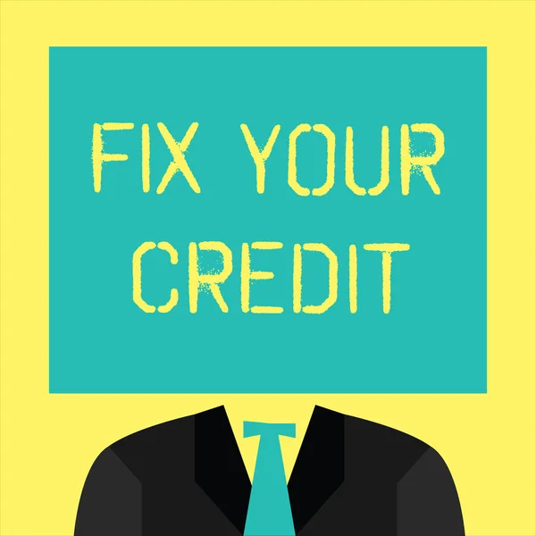 Signo de texto que muestra Fix Your Credit. Foto conceptual Mantenga los saldos bajos en tarjetas de crédito y otros créditos —  Fotos de Stock