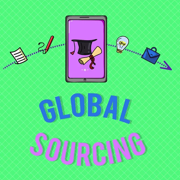 Signo de texto que muestra Global Sourcing. Prácticas fotográficas conceptuales de abastecimiento del mercado global de bienes — Foto de Stock