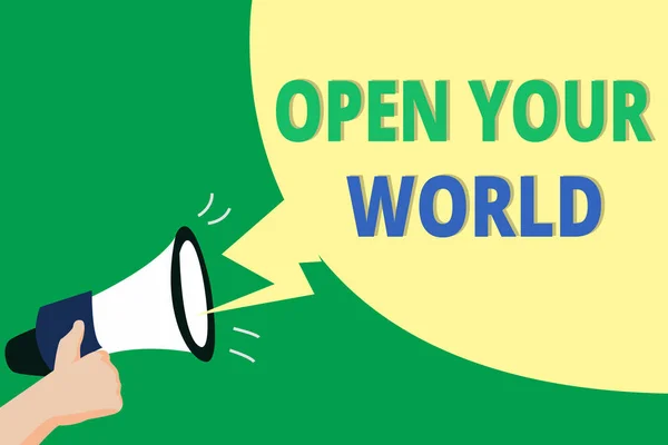 Λέξη σύνταξη κειμένου Open Your World. Επιχειρηματική ιδέα για ευρύτερη το μυαλό σας και νοοτροπία από οποιαδήποτε αρνητικότητα — Φωτογραφία Αρχείου