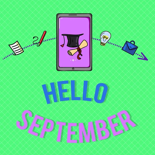 Signo de texto que muestra Hello September. Foto conceptual Deseando ansiosamente una cálida bienvenida al mes de septiembre — Foto de Stock