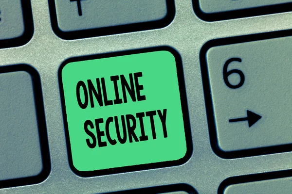 Tekst pisania słów Bezpieczeństwo online. Koncepcja biznesowa dotycząca zasad ochrony przed atakami przez Internet — Zdjęcie stockowe