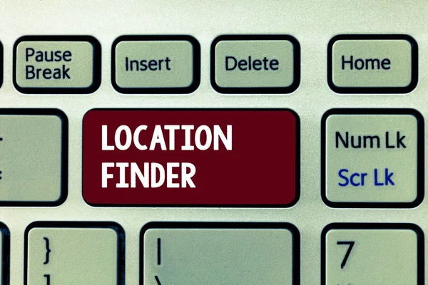 Scrittura concettuale a mano che mostra Location Finder. Business photo showcase Un servizio in evidenza per trovare l'indirizzo di un luogo selezionato — Foto Stock