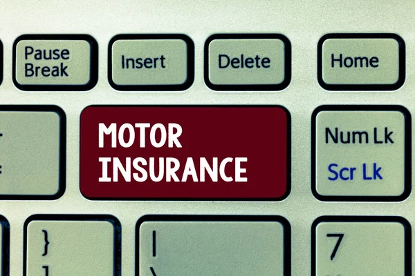 Scrittura concettuale a mano che mostra Motor Insurance. Business photo showcase Fornisce una compensazione finanziaria per coprire eventuali lesioni — Foto Stock
