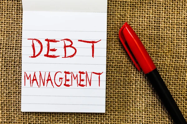 Handwriting text Debt Management. Concept meaning The formal agreement between a debtor and a creditor — Stock Photo, Image